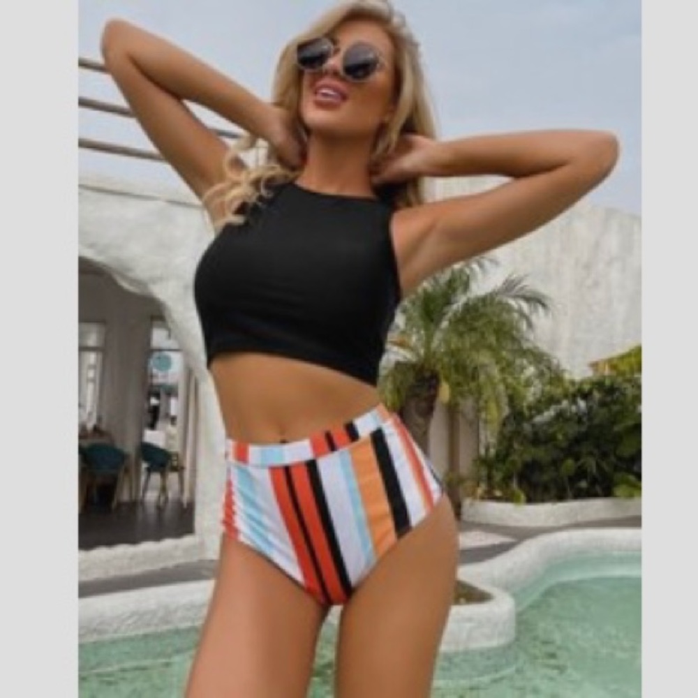 NEW Bikini w black tank & striped high waisted bottom